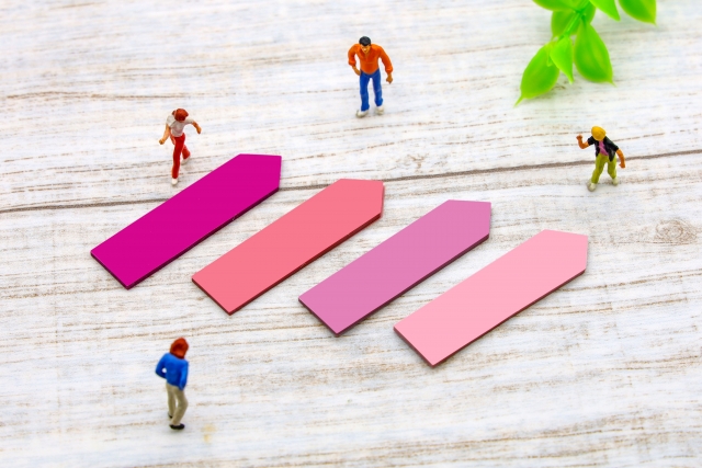 ミニチュアの人物と矢印パーツを並べたイメージ写真